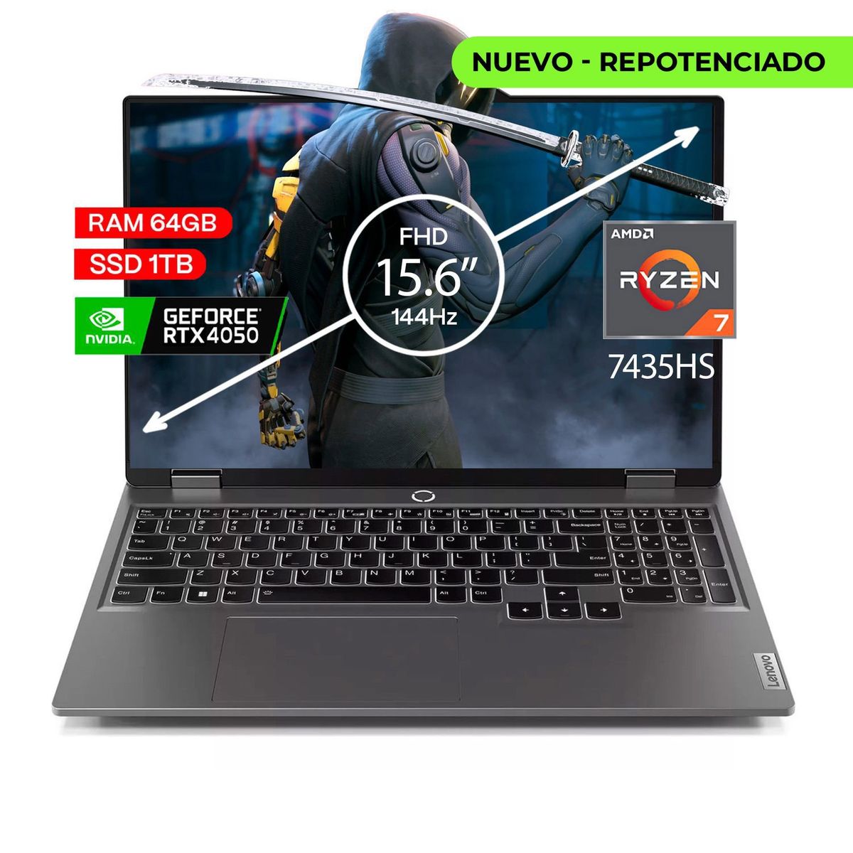 LENOVO - Portátil Gamer Lenovo LOQ AMD RYZEN 7 7435hs RAM64 GB Ssd 1Tb 15.6 FHD Ips 144hz Rtx 4050 6GB Win 11