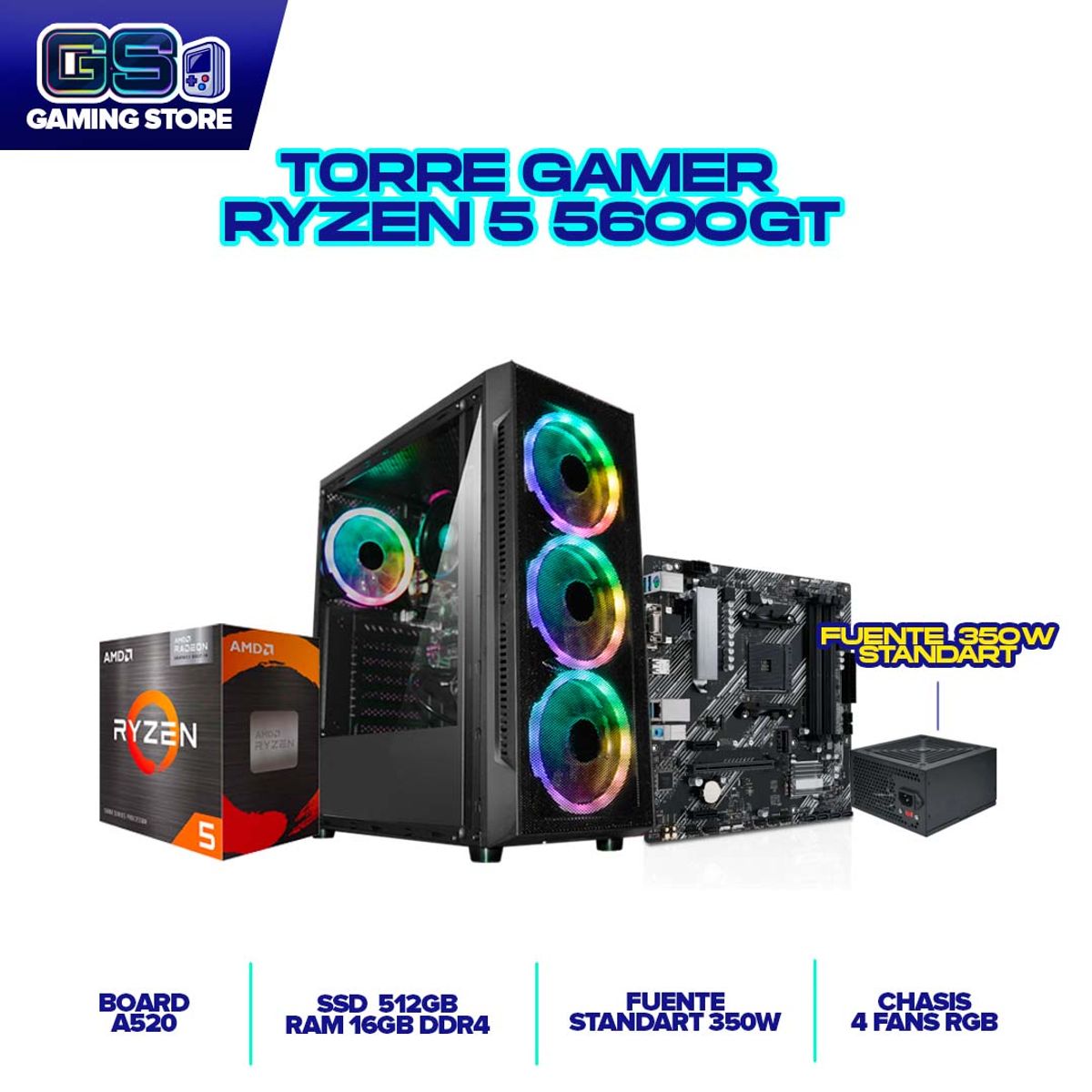 AMD - PC GAMER RYZEN 5 5600GT RAM 16GB DDR4 SSD 512GB M.2 BOARD A520M CHASIS 4FANS RGB