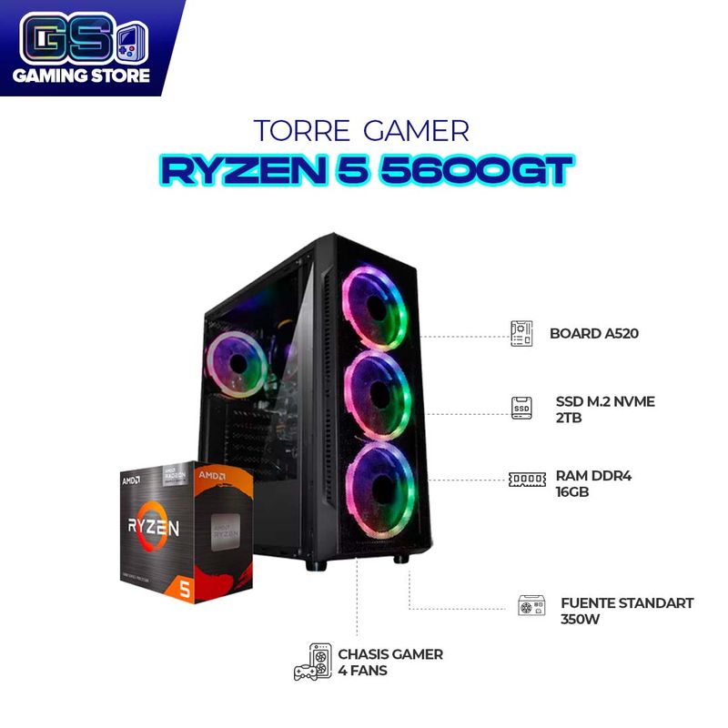 AMD - PC GAMER RYZEN 5 5600GT RAM 16GB DDR4 SSD 2TB M.2 BOARD A520M CHASIS 4FANS RGB