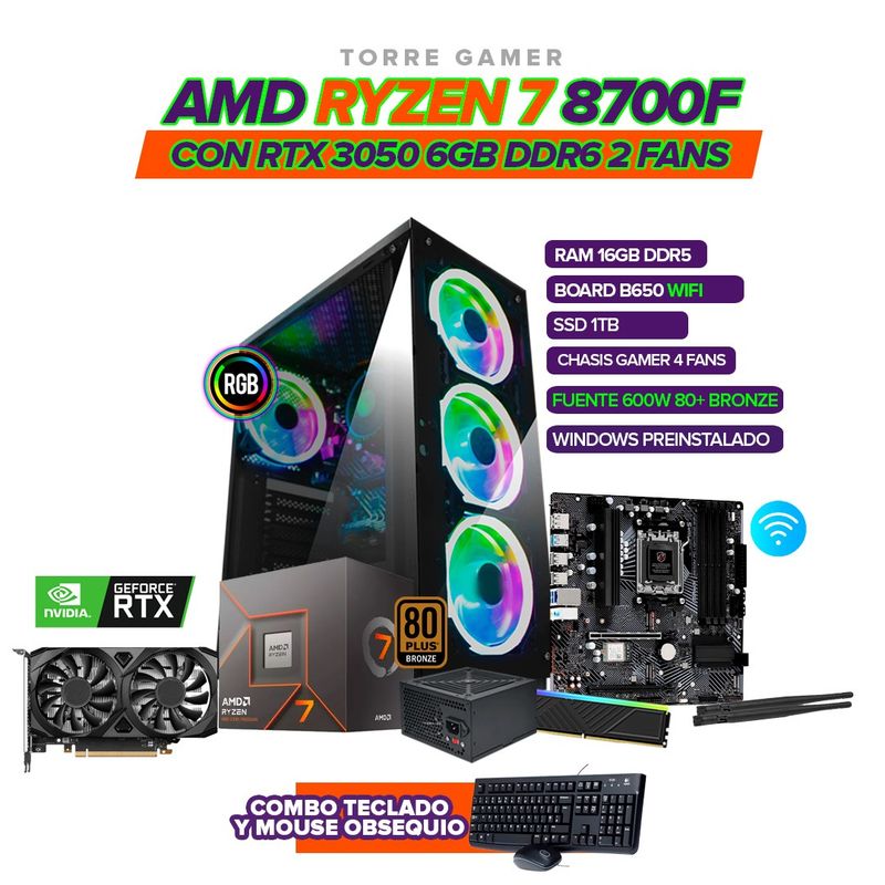 AMD - PC GAMER RYZEN 7 8700F/ RTX 3050 6GB/ 16GB DDR5/1TB SSD /B650 WIFI /600W 80+/ 4 FANS RGB