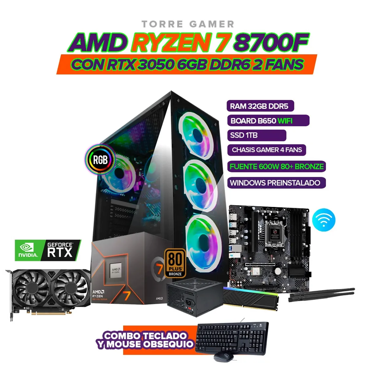 AMD - PC GAMER RYZEN 7 8700F/ RTX 3050 6GB/ 32GB DDR5/1TB SSD /B650 WIFI /600W 80+/ 4 FANS RGB