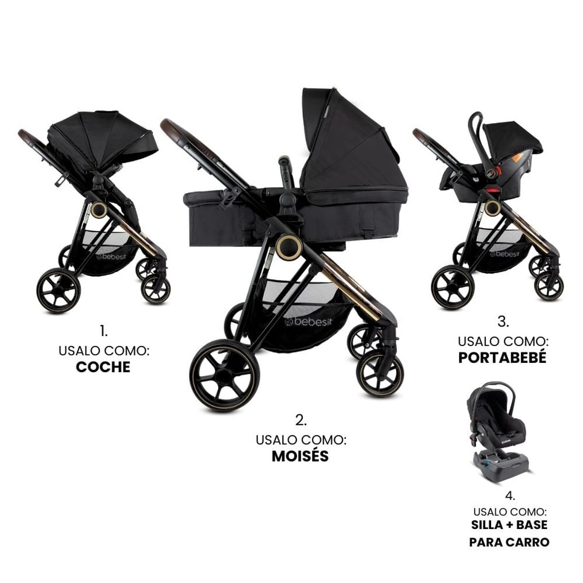 BEBESIT - Coche Bebé 3en1 Tipo Moises Travel System Cosmos Gold