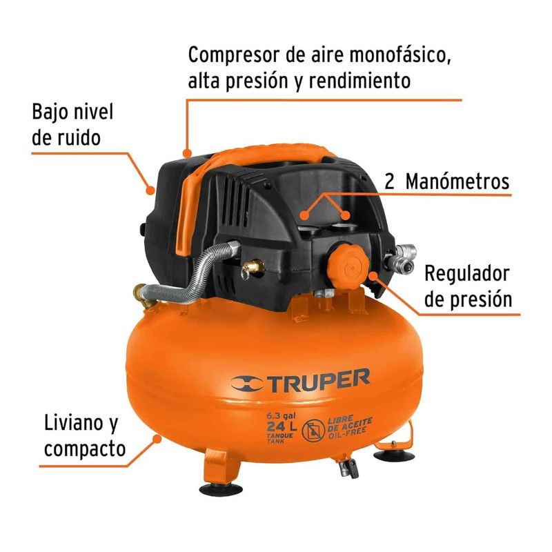 GENERICO - Compresor libre de aceite compacto 24L, 2-2/3HP 127V Truper