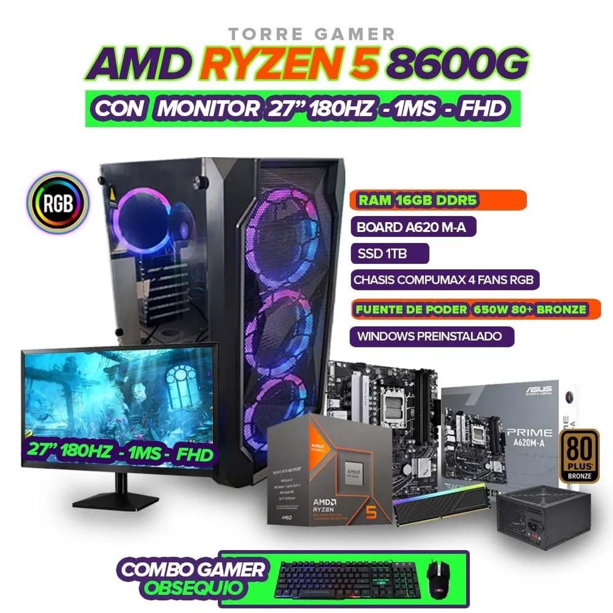 AMD - PC Gamer Ryzen 5 8600G/RAM 16GB/SSD 1TB/A620M/650W BRZ + MONITOR 27'' 180HZ