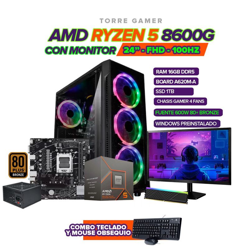 AMD - PC GAMER AMD RYZEN 5 8600G / RAM 16GB / 1TB SSD / A620M / +MONITOR 24''