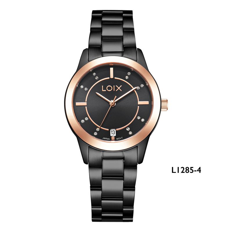 LOIX - Reloj mujer L1285-4 Pavonado negro con bisel oro rosa tablero negro