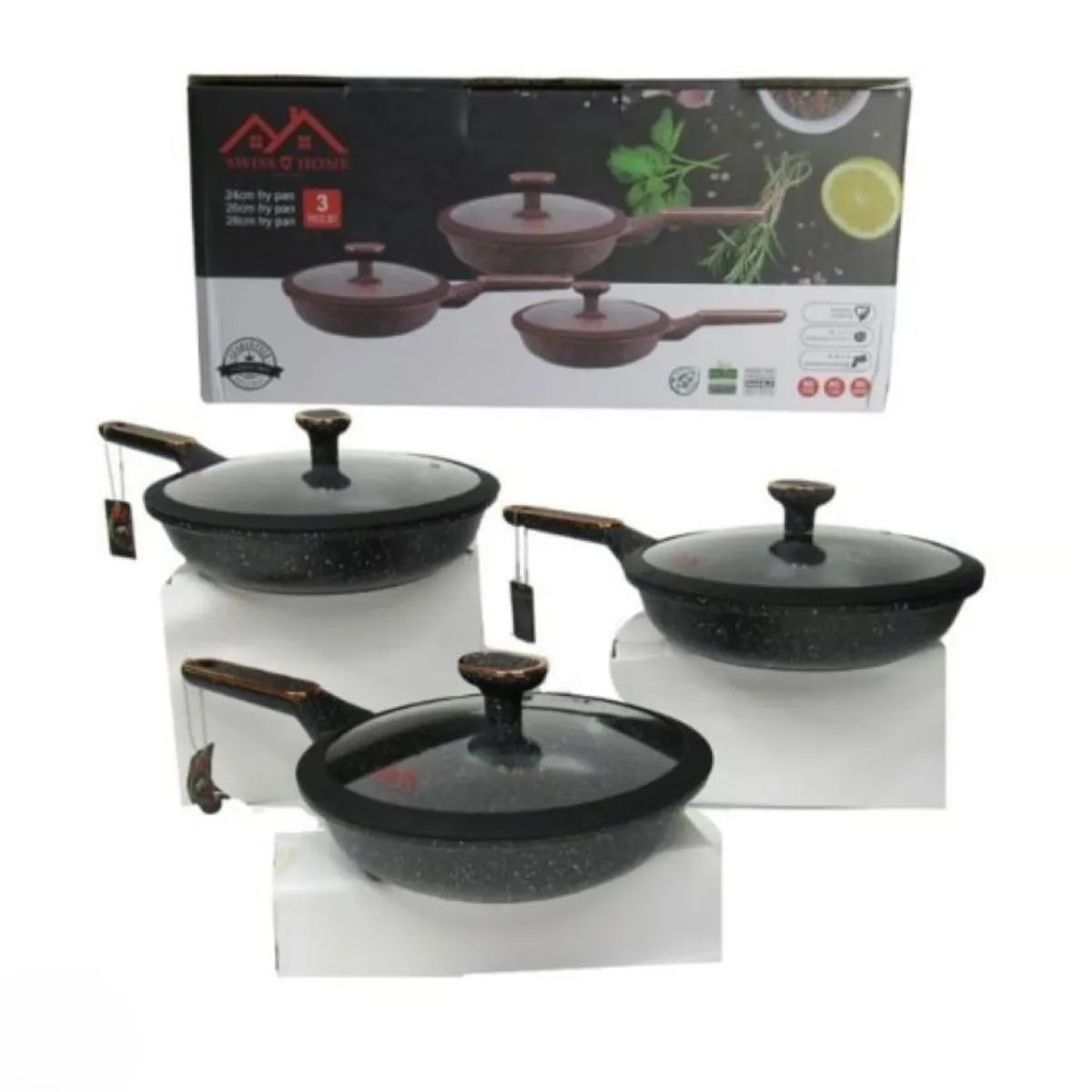 SWISSHOME - Sartenes En Marmol Swiss Home X 3 Con Tapa De Vidrio