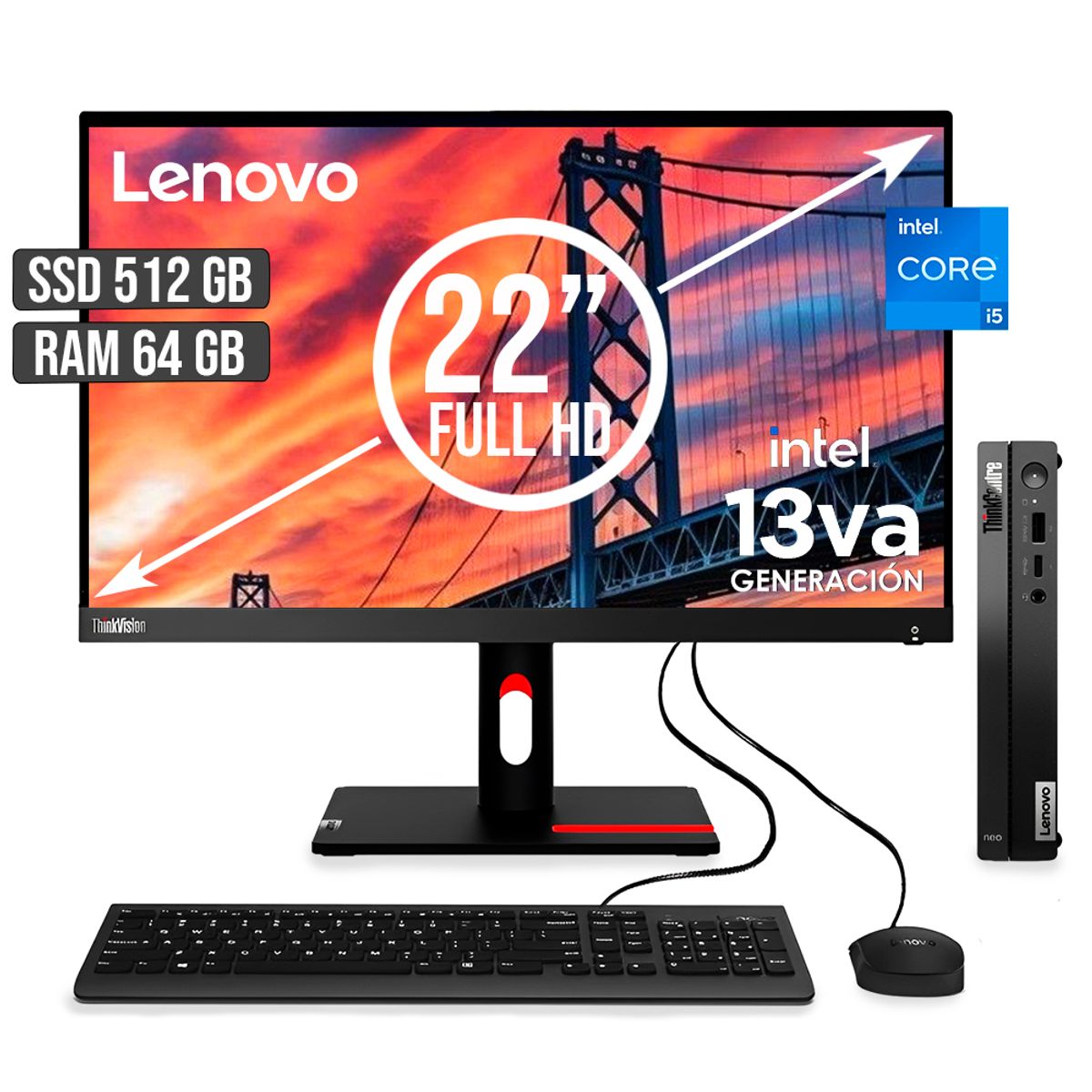 LENOVO - COMPUTADOR LENOVO THINKCENTRE TINY INTEL CORE I5-13420H SSD 512GB RAM 64GB LED22