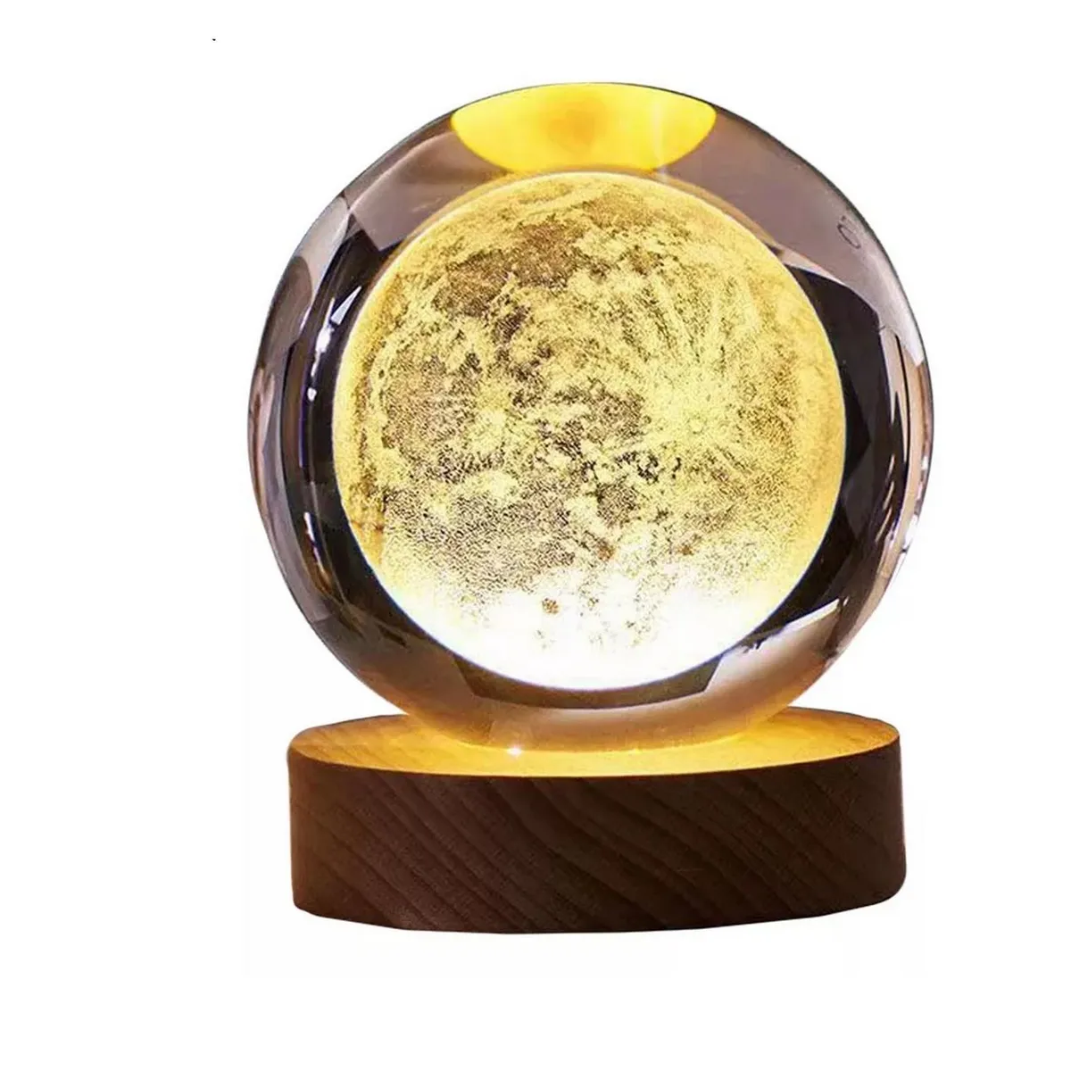 DAYOSHOP - Lampara De Cristal Bola 3d Luna Cosmo Luz Calida Base Madera