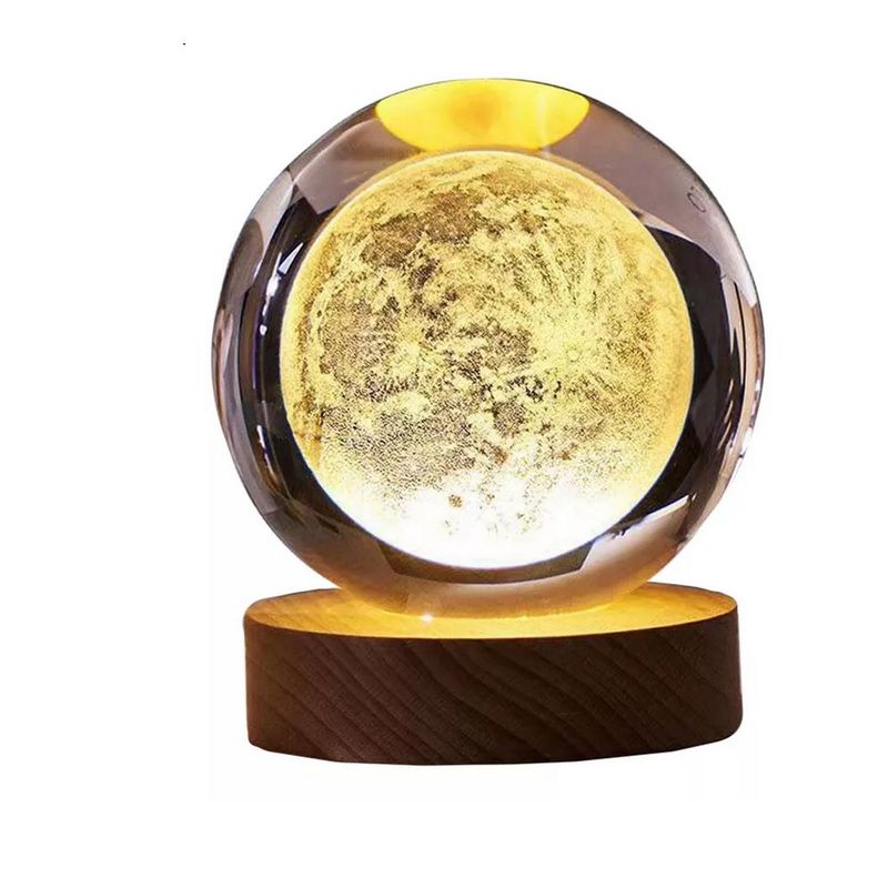 DAYOSHOP - Lampara De Cristal Bola 3d Luna Cosmo Luz Calida Base Madera