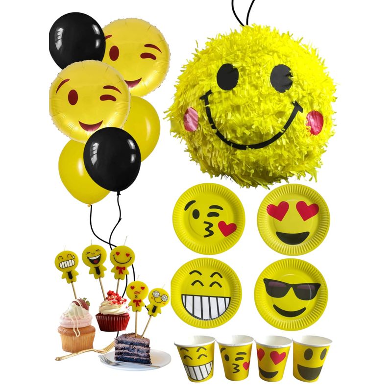 GENERICO - Decoración Fiesta Emoji Emoticon Piñata Vasos Plato Vela