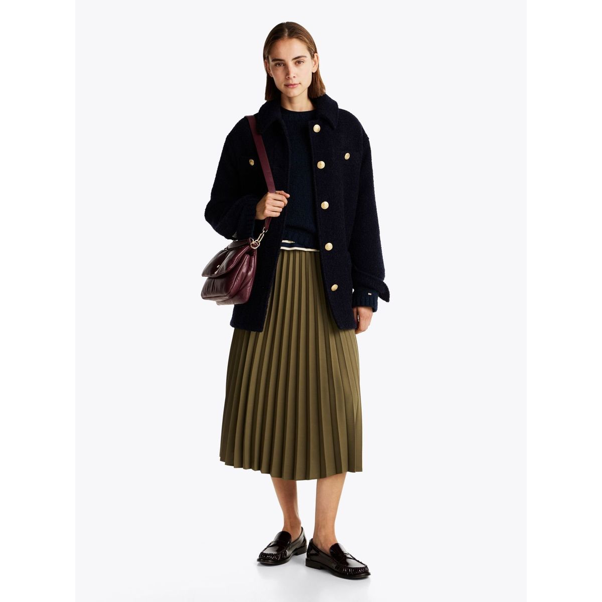 TOMMY HILFIGER - Falda verde midi plisada con logo en cintura Tommy Hilfiger