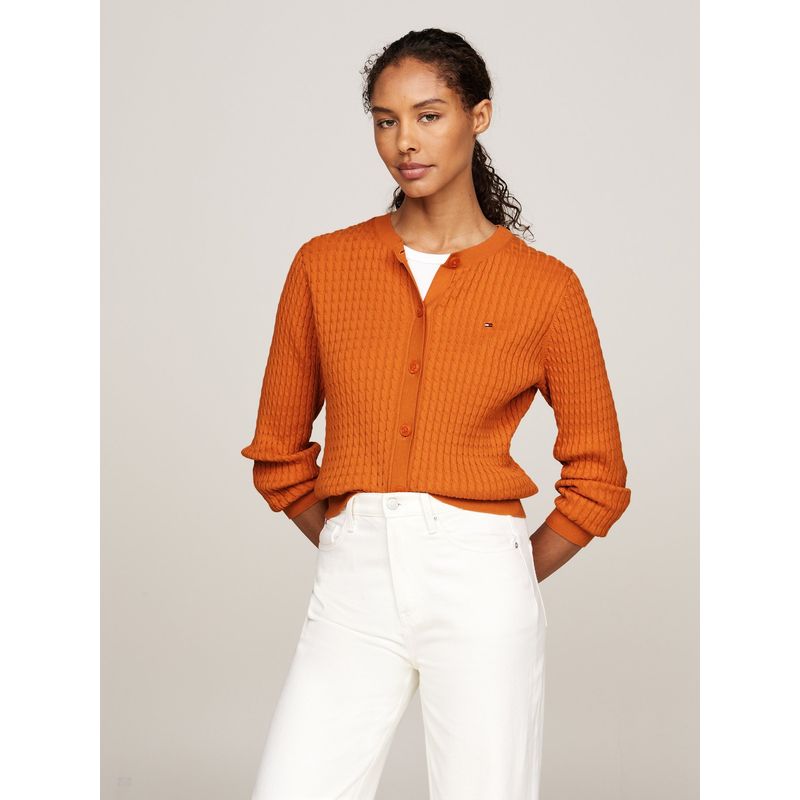 TOMMY HILFIGER - Cárdigan naranja de punto trenzado con cuello redondo Tommy Hilfiger