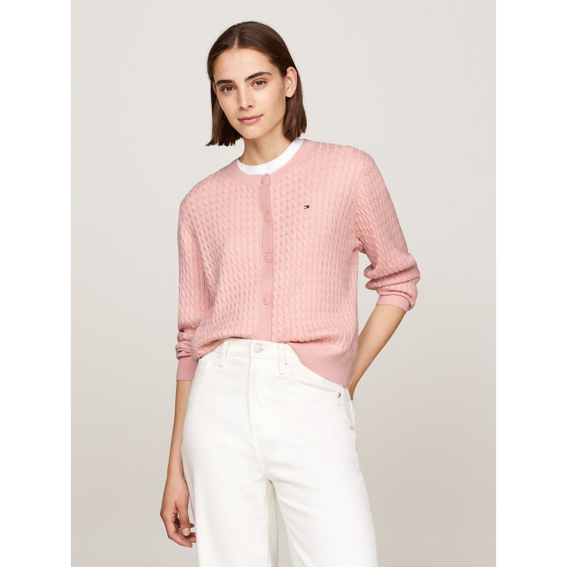 TOMMY HILFIGER - Cárdigan rosa de punto trenzado con cuello redondo Tommy Hilfiger