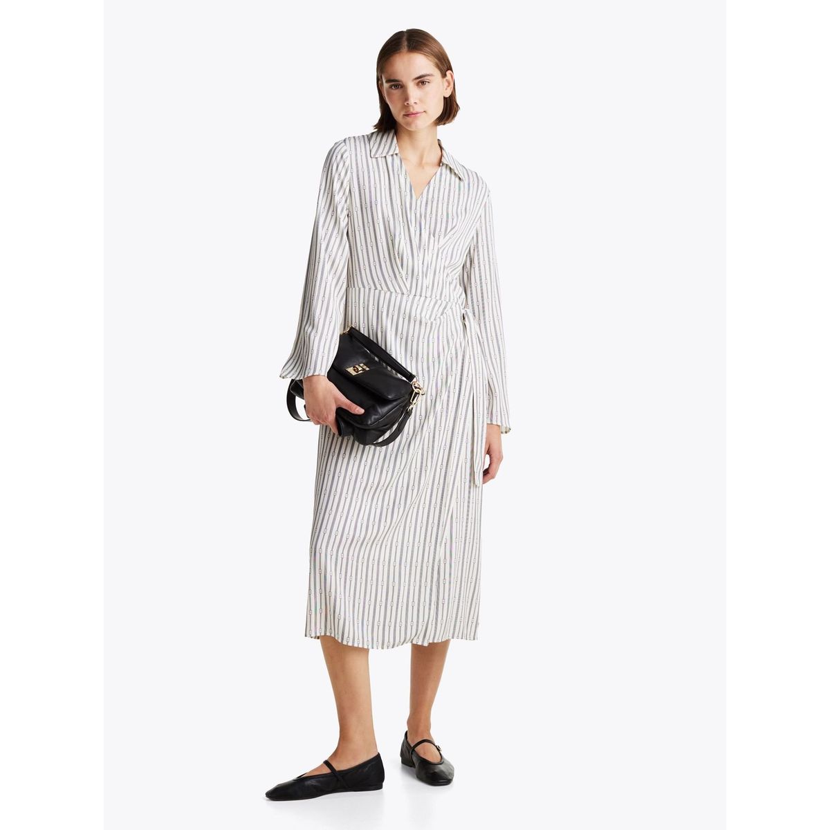 TOMMY HILFIGER - Vestido gris cruzado midi con Cuello en V Tommy Hilfiger