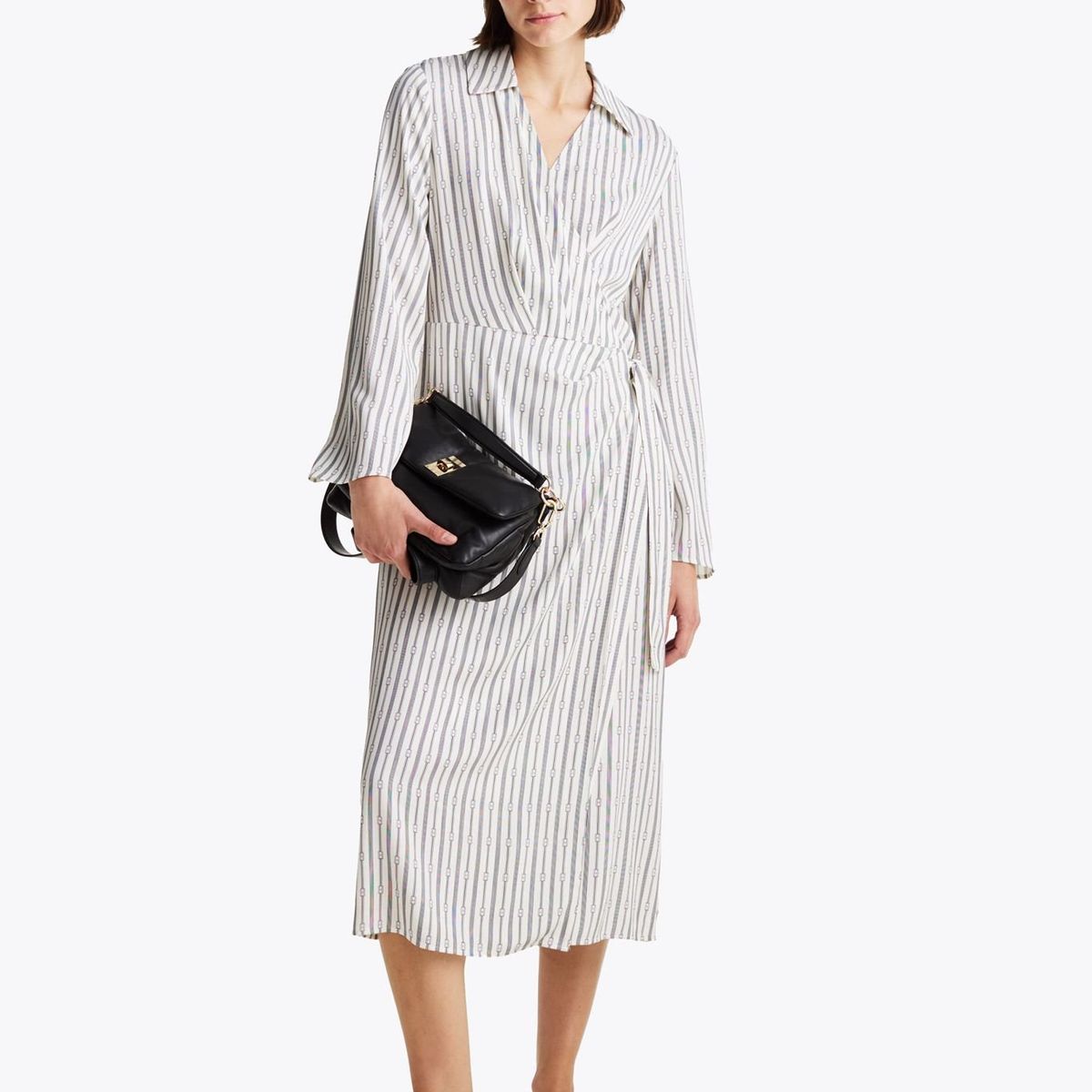 TOMMY HILFIGER - Vestido gris cruzado midi con Cuello en V Tommy Hilfiger