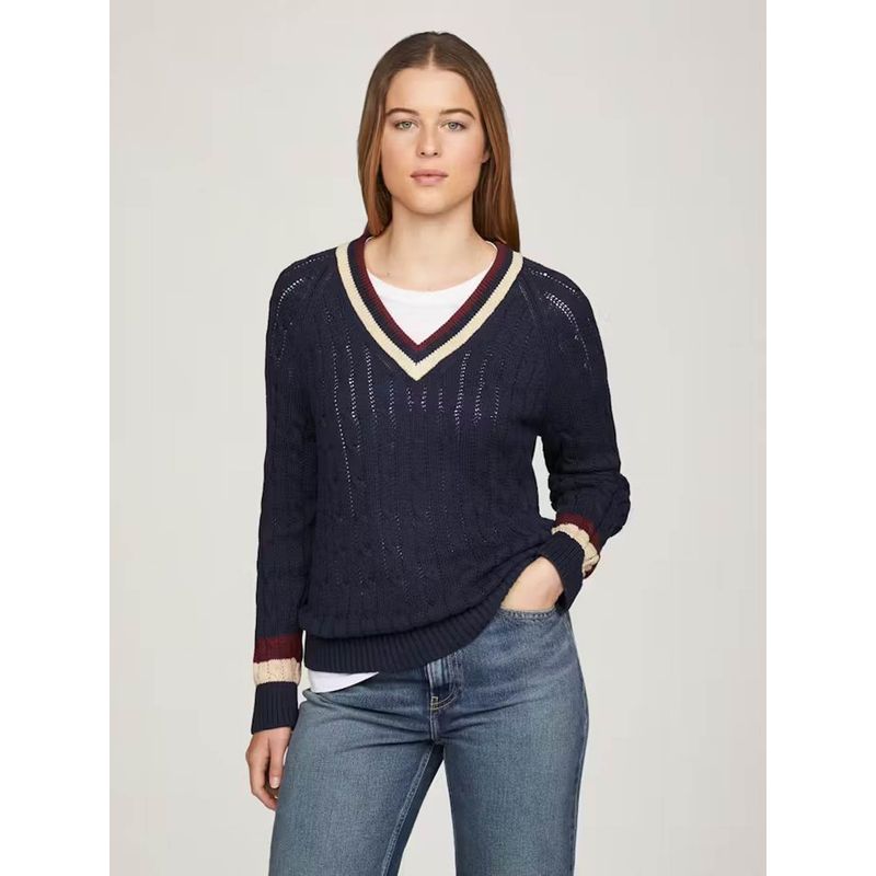 TOMMY HILFIGER - Saco azul cuello v de punto de cable Tommy Hilfiger