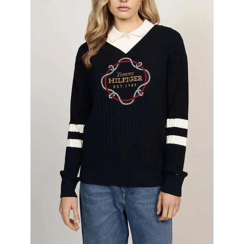TOMMY HILFIGER - Saco azul tejido de cuello v con logo gráfico Tommy Hilfiger