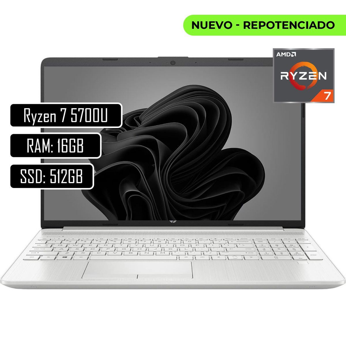HP - Portatil Hp 15 Amd Ryzen 7 5700u Ram 16gb DDR4 SSD 512gb Pantalla 15.6”