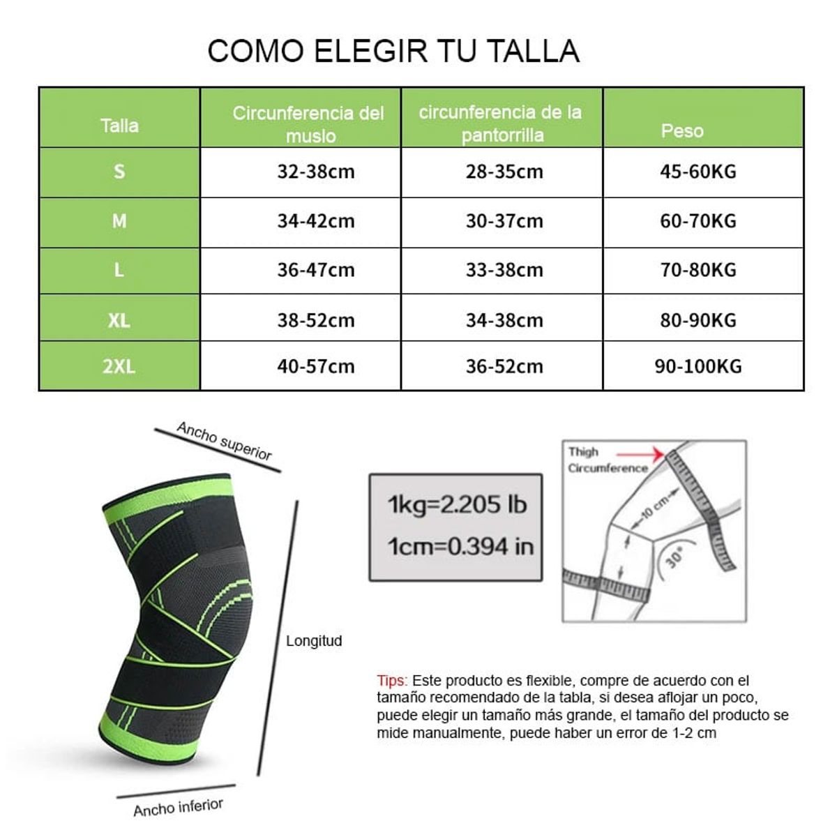 GENERICO - Rodillera Deportiva de Compresión Soporte Ajustable Verde XL