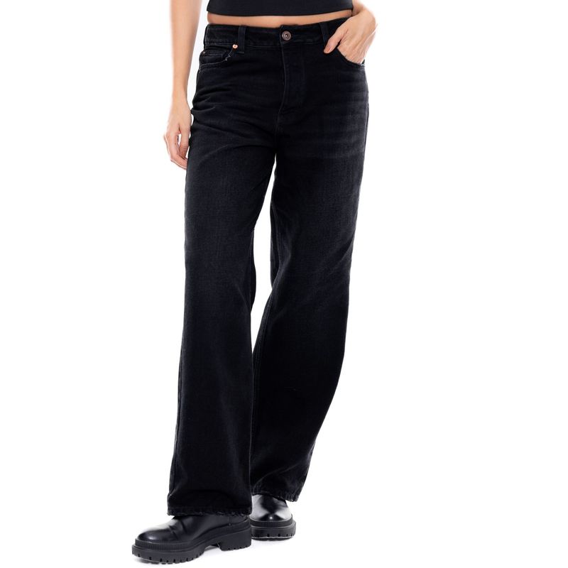 COLOR BLUE - Black Denim Medium Waist Wide Leg Jeans