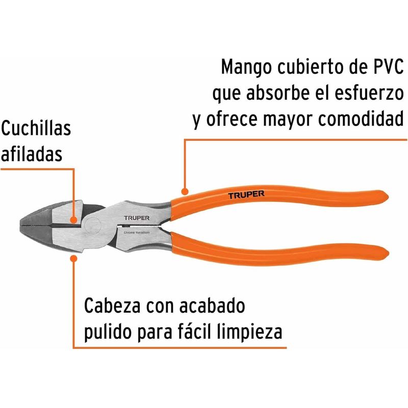 GENERICO - Pinza para electricista 9" alta palanca mango pvc Truper