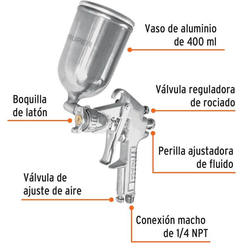 GENERICO - Pistola para Pintar Gravedad LVMP Vaso Aluminio Boquilla 1.7 mm Truper