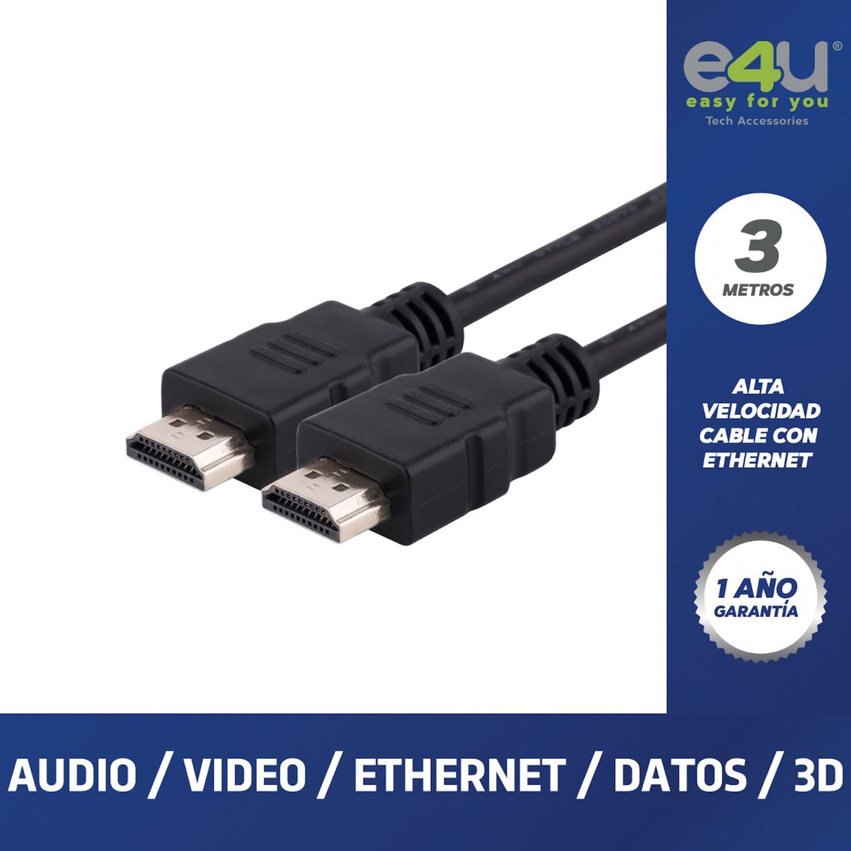 E4U - Cable E4U HDMI 4k PREMIUM 3 Metros + 2 correas de Velcro