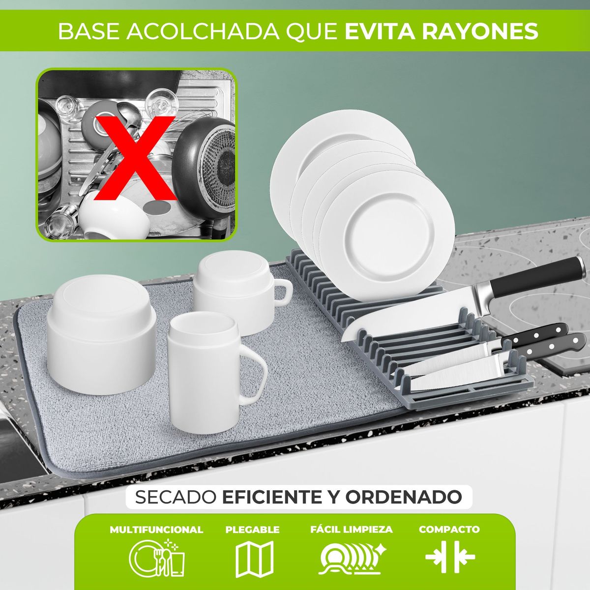 CHEF MASTER - Platero Escurridor de Platos Plegable con Microfibra Lavable