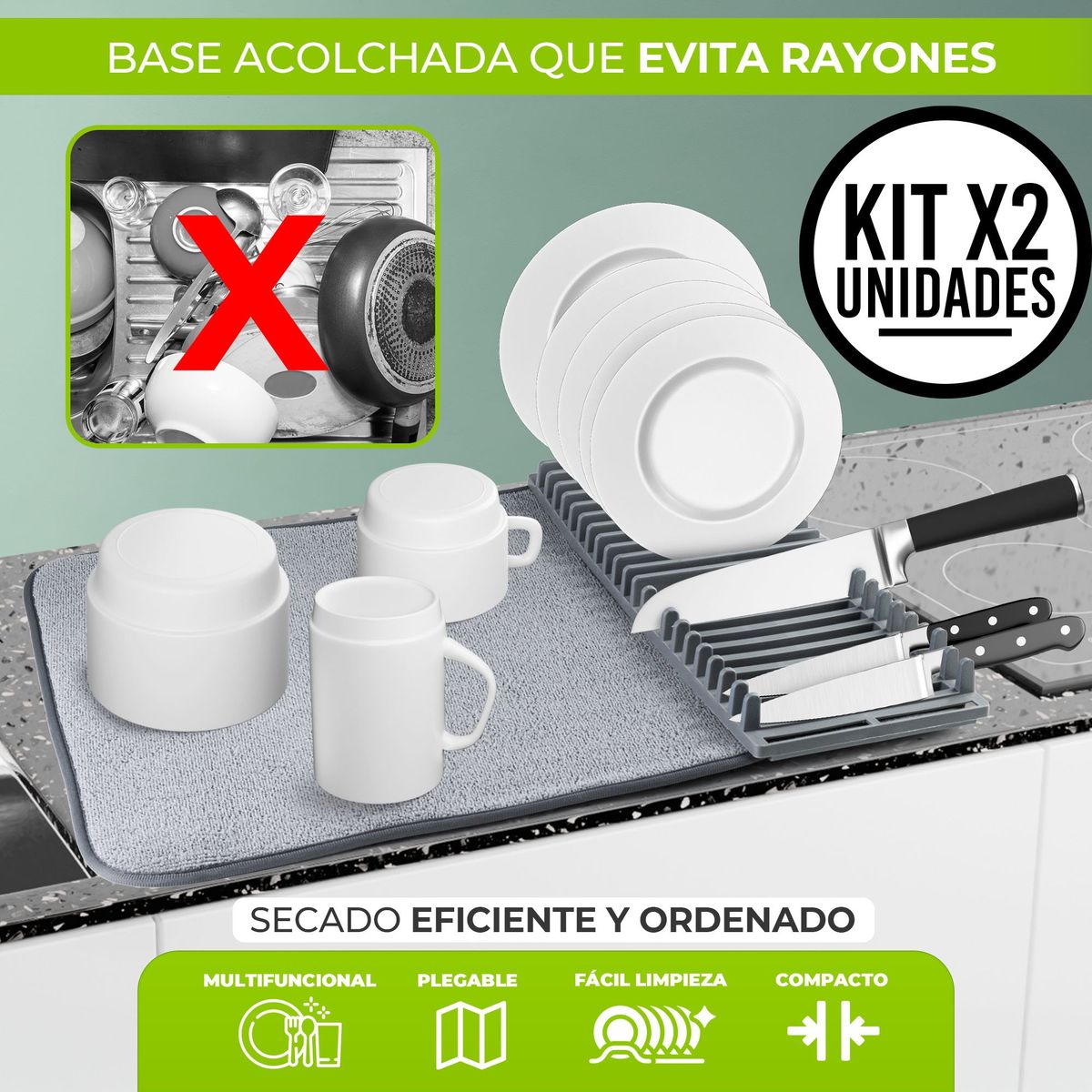CHEF MASTER - Set x2 Platero Escurridor Platos Plegable Microfibra Lavable