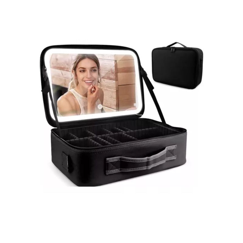 GENERICO - Cosmetiquera Grande Espejo Luz Recargable Bolsa Maquillaje 11 Espacios