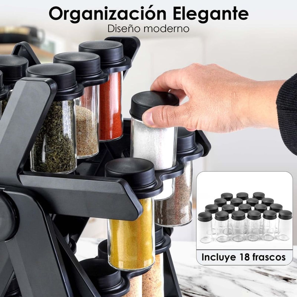 CHEF MASTER - Especiero Giratorio 18 en 1 Compacto con Frascos Herméticos
