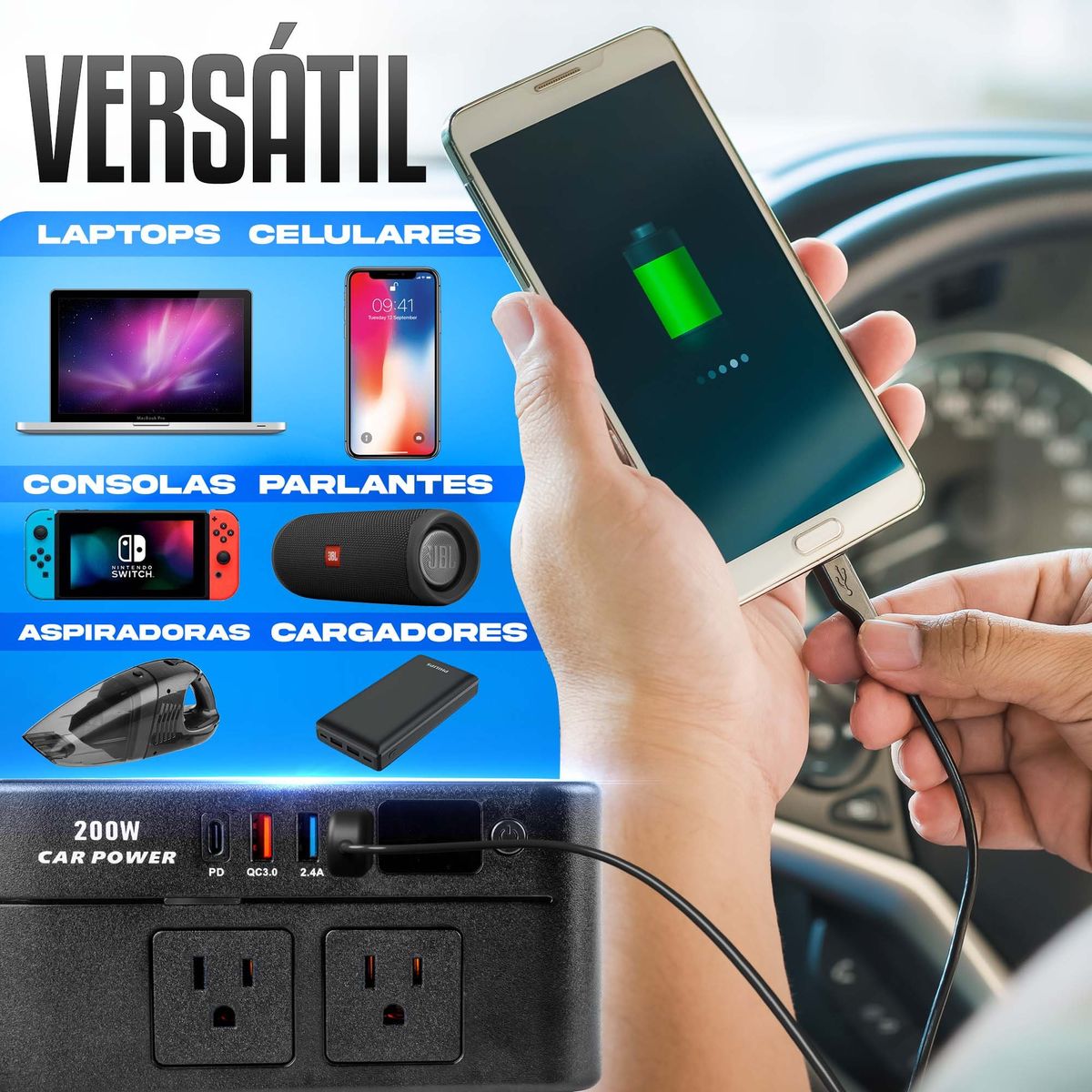 ENERGY PLUS - Inversor de Corriente para Automóvil 200W 12V a 110V con USB