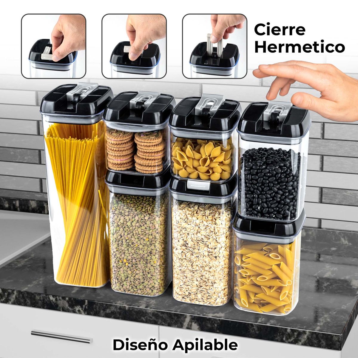 CHEF MASTER - Set de 7 Recipientes Herméticos con Diseño Moderno Apilable.