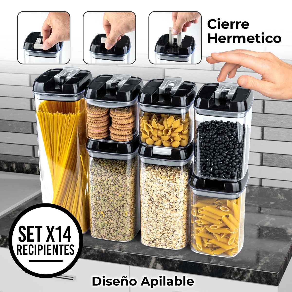 CHEF MASTER - Set de 14 Recipientes Herméticos con Diseño Moderno Apilable.