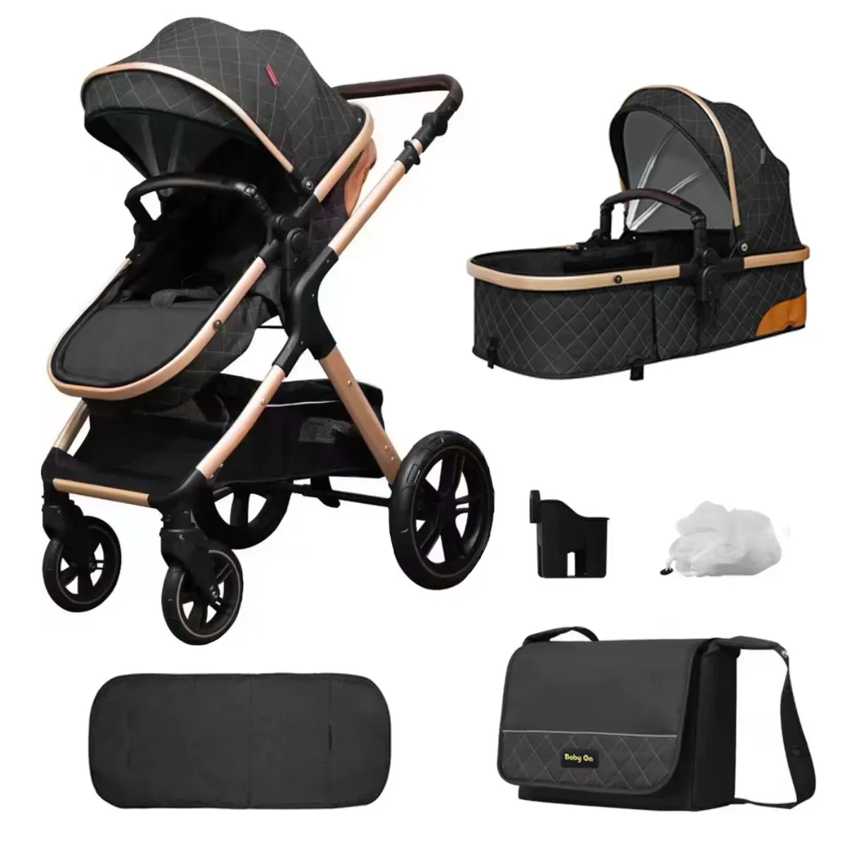 BABY ON - Coche moises de lujo Baby On en aluminio Negro + Pañalera