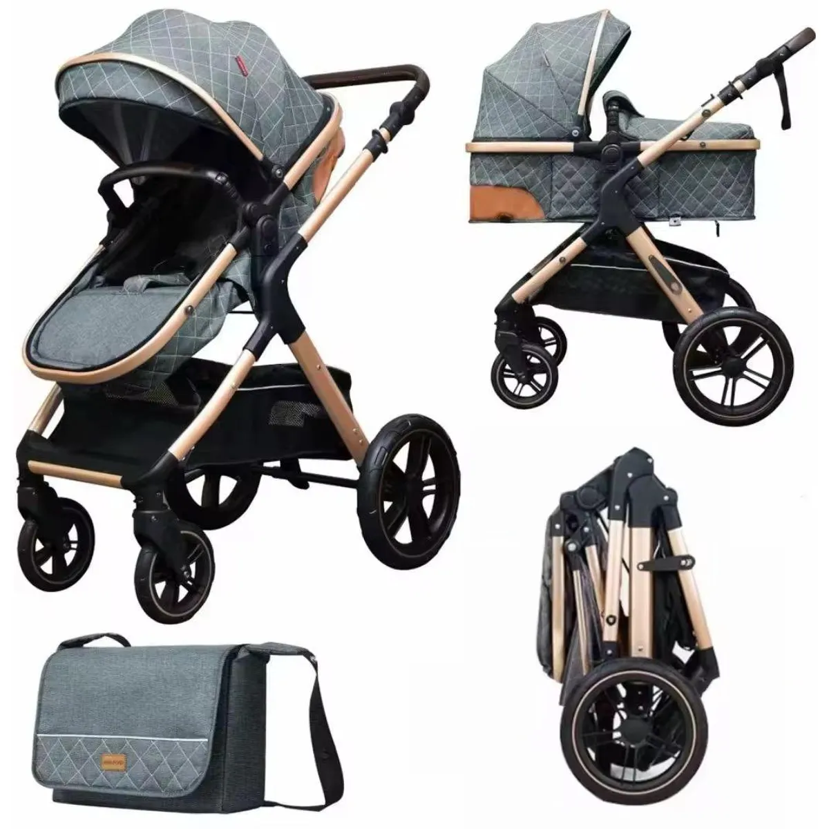 BABY ON - Coche moises de lujo Baby On en aluminio Gris + Pañalera