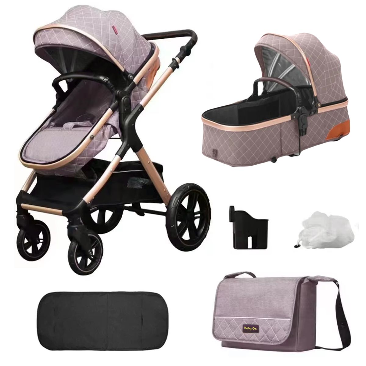 BABY ON - Coche moises de lujo Baby On en aluminio Rosa + Pañalera