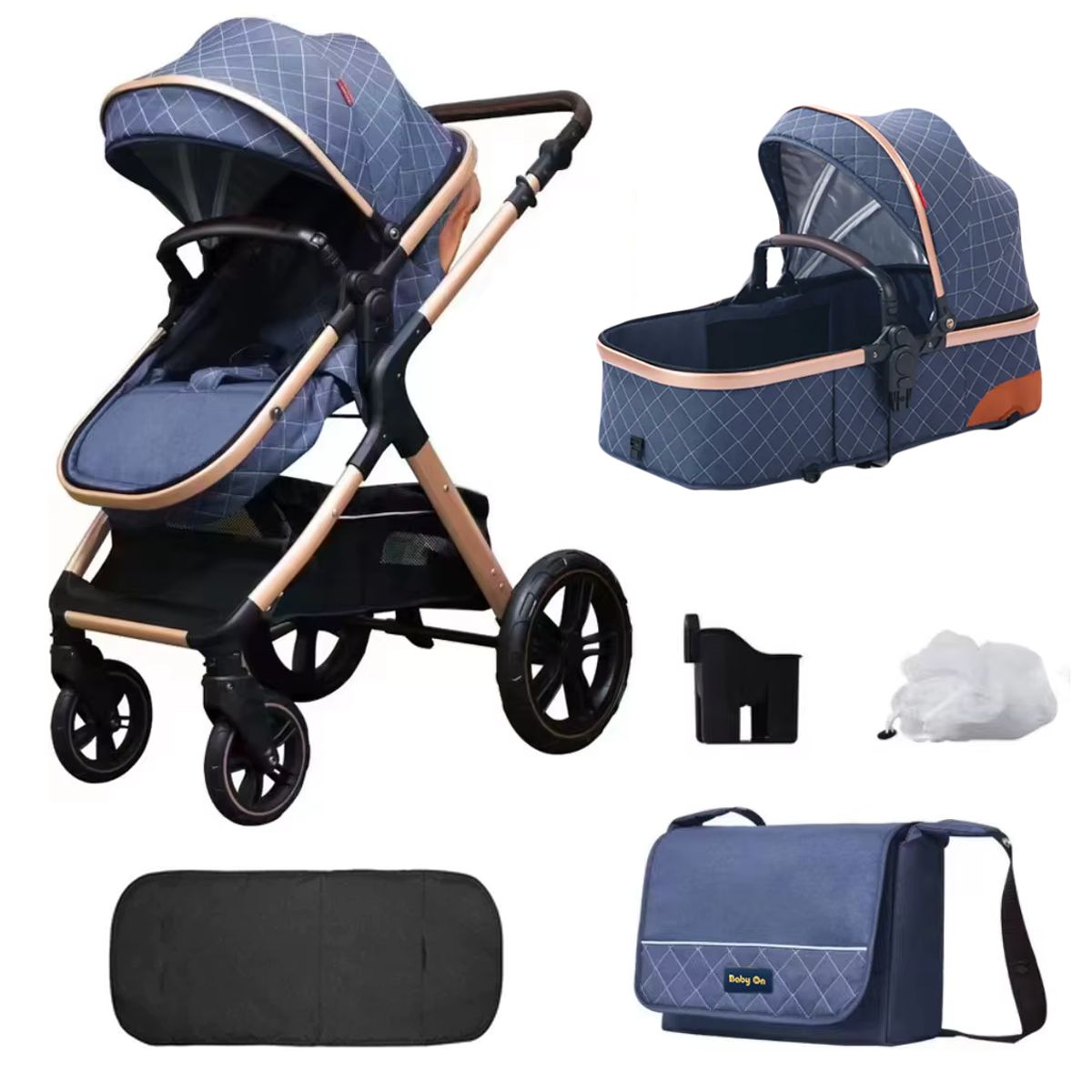 BABY ON - Coche moises de lujo Baby On en aluminio Azul + Pañalera