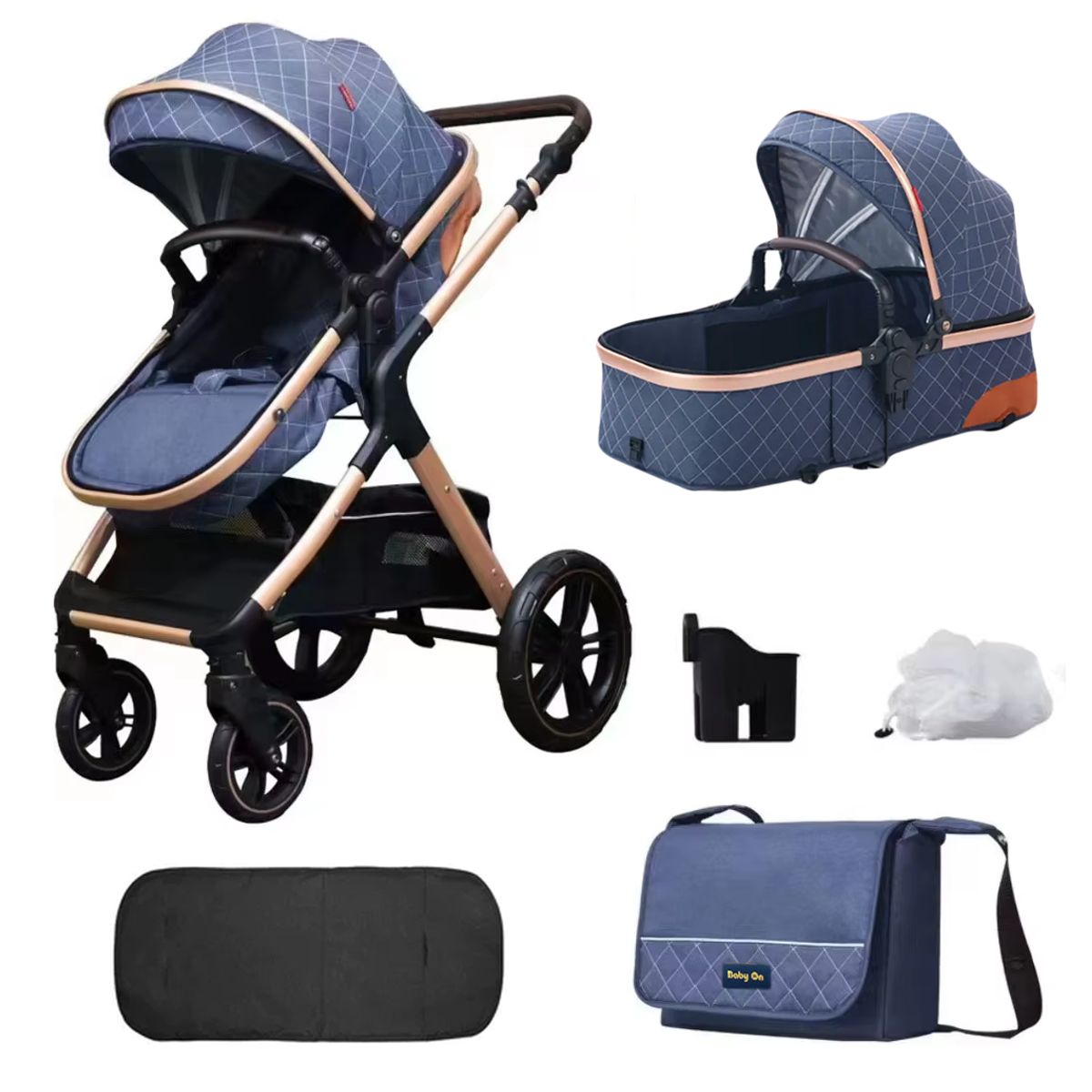 BABY ON - Coche moises de lujo Baby On en aluminio Azul + Pañalera