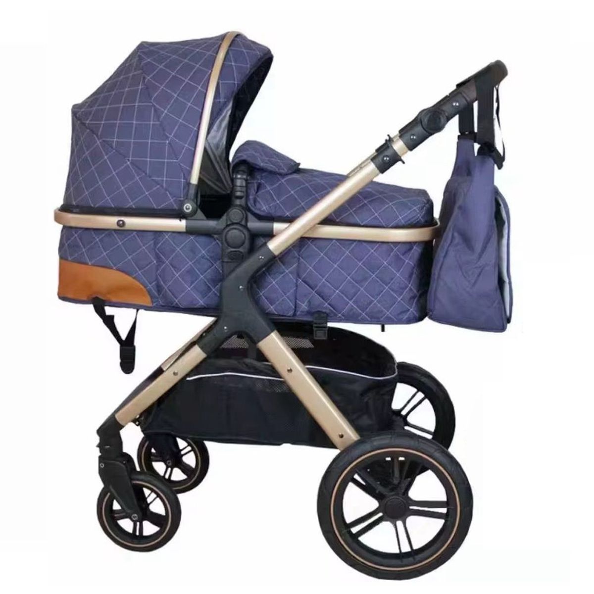 BABY ON - Coche moises de lujo Baby On en aluminio Azul + Pañalera