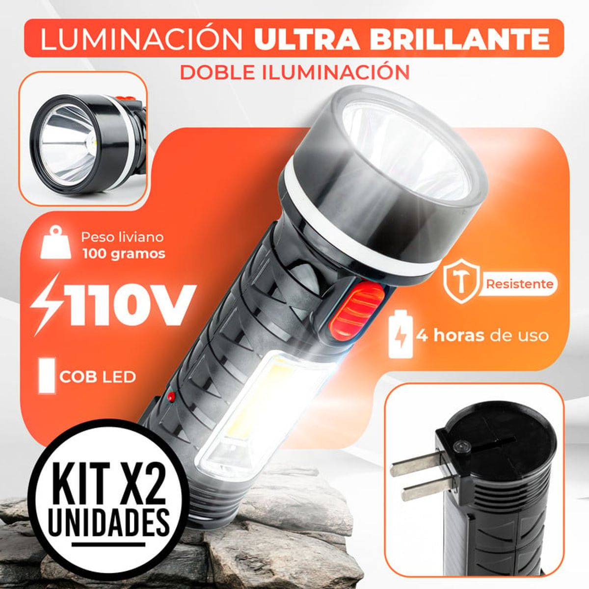 ENERGY PLUS - Set x2 Linterna Recargable LED Portátil Enchufe Integrado