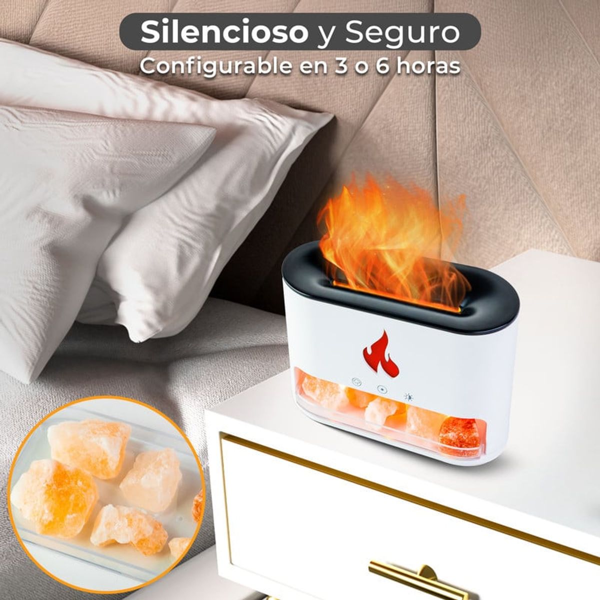 ENERGY PLUS - Humidificador y Difusor de Aromas Efecto Llama y Luces LED Blanco
