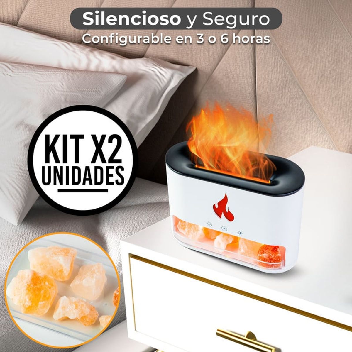 ENERGY PLUS - Set x2 Humidificador y Difusor de Aromas Efecto Llama y LED Blanco