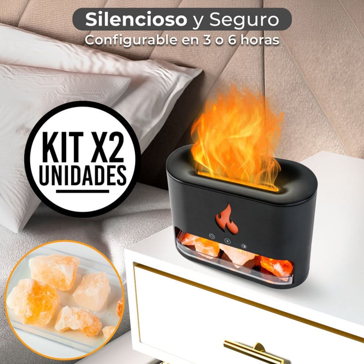 ENERGY PLUS - Set x2 Humidificador y Difusor de Aromas Efecto Llama y LED Negro