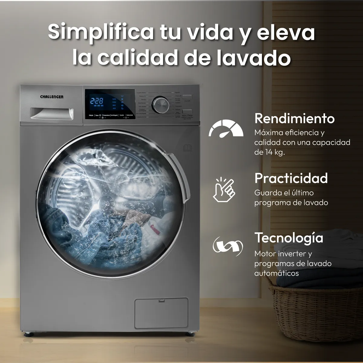 CHALLENGER - Lavadora  Secadora Inventer Con Panel Digital 14kg Challenger
