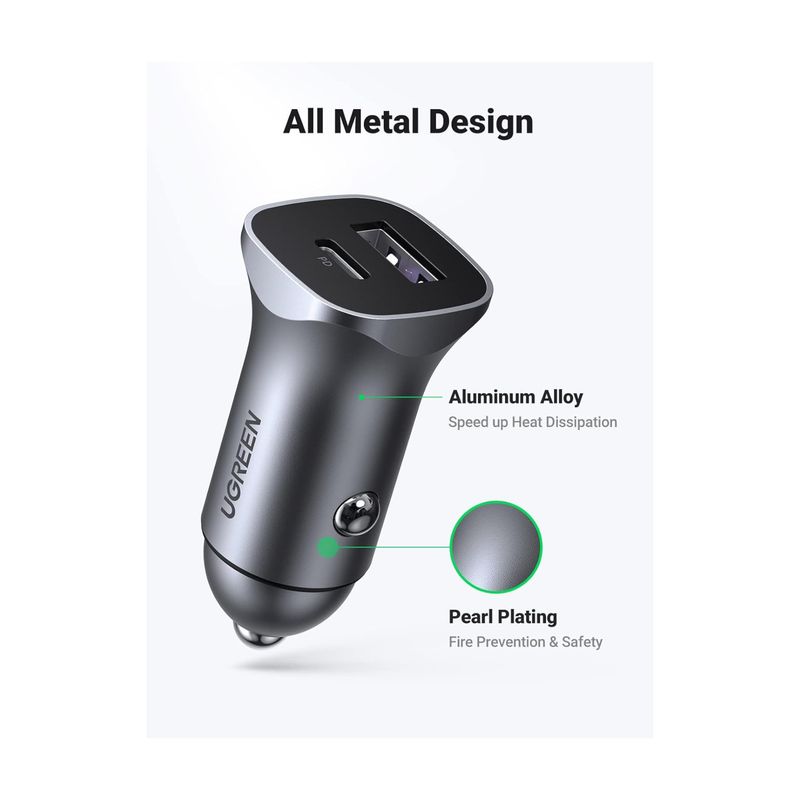 UGREEN - Cargador Ugreen De Coche Usb C + Usb A De 30w