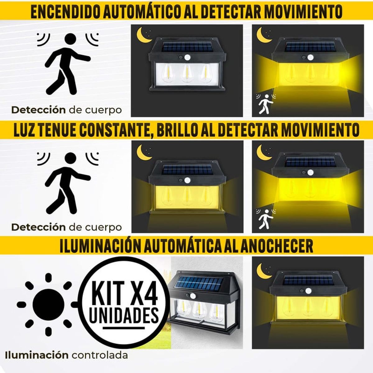 ENERGY PLUS - Set x4 Lámpara Solar de Pared LED con Sensor de Movimiento