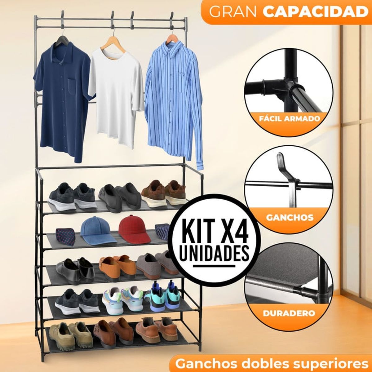 ENERGY PLUS - Set x4 Organizador de Ropa y Calzado 4 Niveles con Ganchos