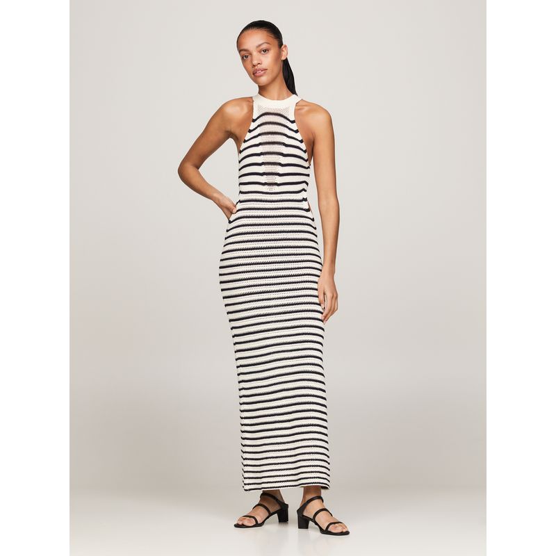 TOMMY HILFIGER - Vestido Beige Midi De Punto Croché Con Rayas Tommy Hilfiger